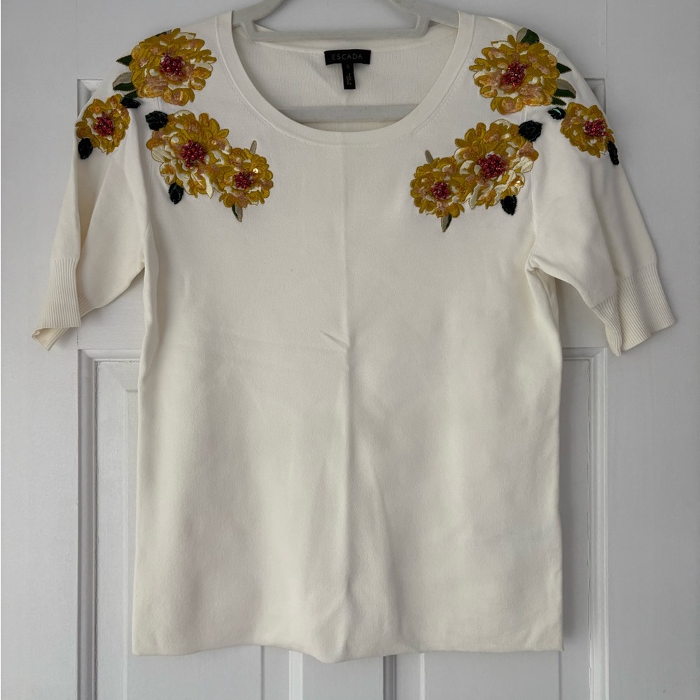 Escada Cream Top with Yellow Floral Embroidery